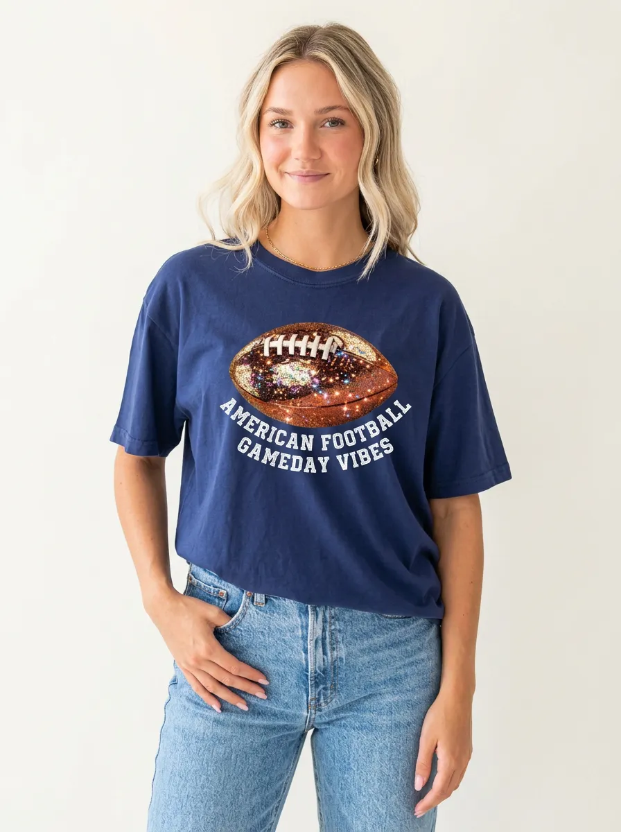 Women's Casual Football Ball Sparkle Crew Neck Graphic T-Shirt