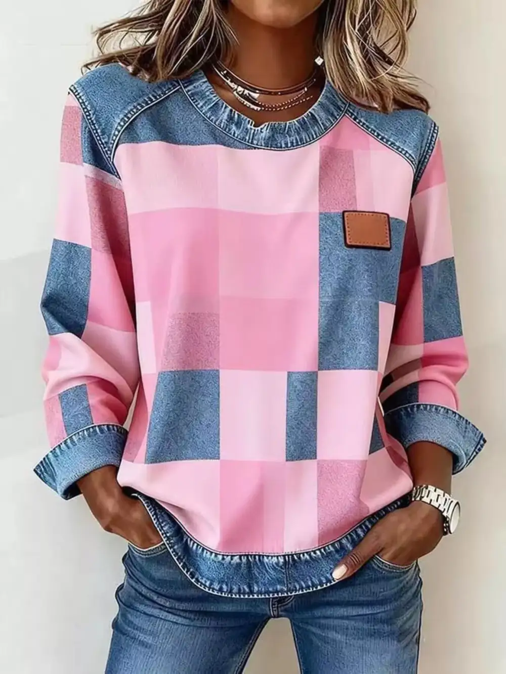 Plaid Denim Trim Long Sleeve Sweatshirt