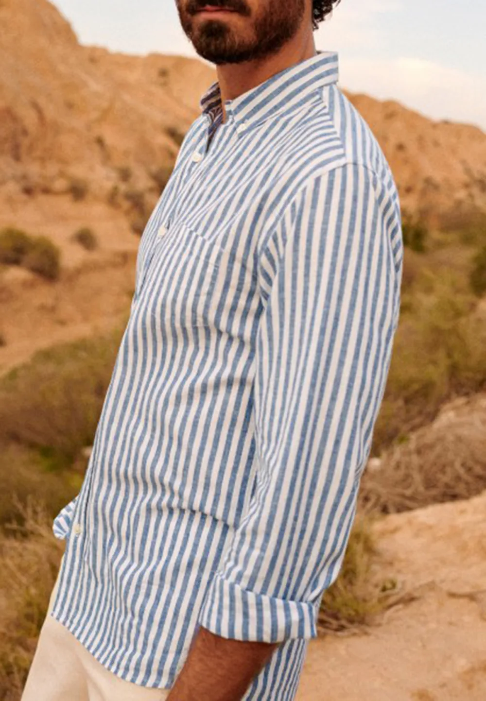 White Blue Vertical Stripe Cotton Linen Blend Shirt