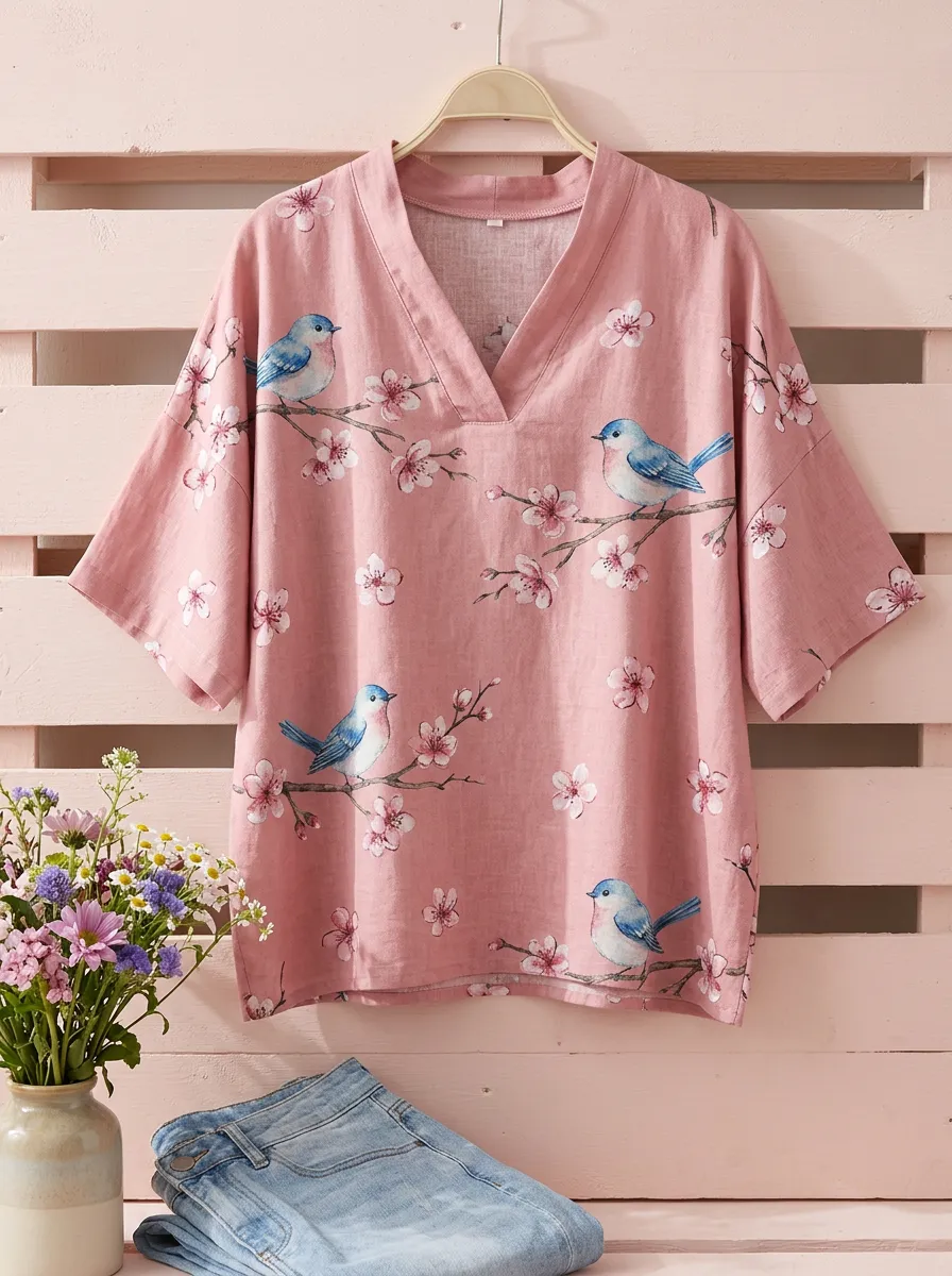 Cherry Blossom Bird Nature Women's Loose Printed Blouse