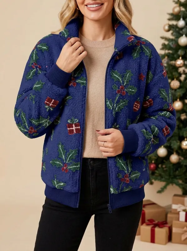 Women's Christmas Holly Gift Printed Fleece Zip-up Jacket