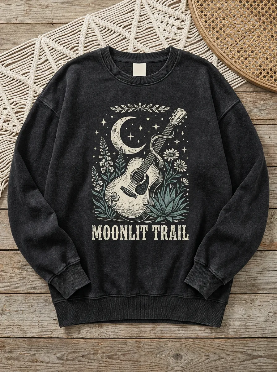 Floral Guitar Moon Unisex Western Crew Neck Sweatshirt