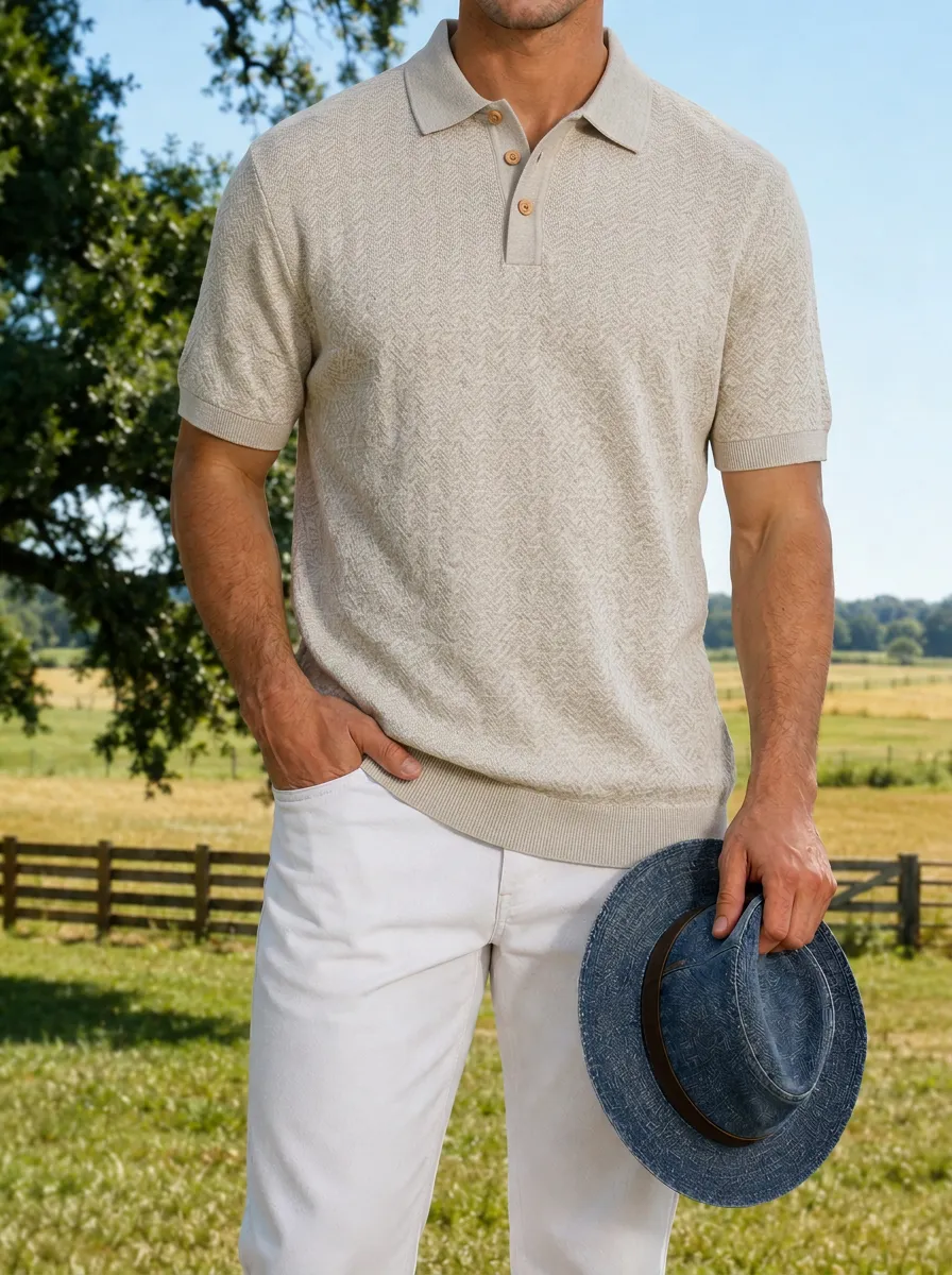 Men's Casual Beige Herringbone Pattern Knitted Polo Shirt