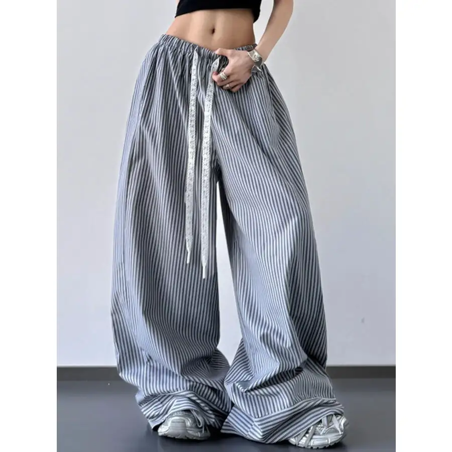 Casual Striped Wide Leg Drawstring Pants