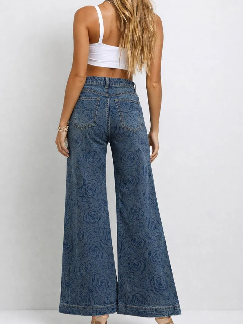 Jacquard Jeans Button Waist Wide Leg Denim Pants