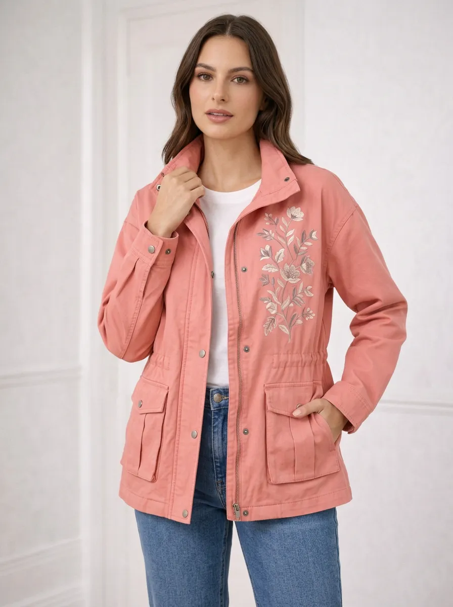 Women's Pink Floral Embroidered Utility Jacket
