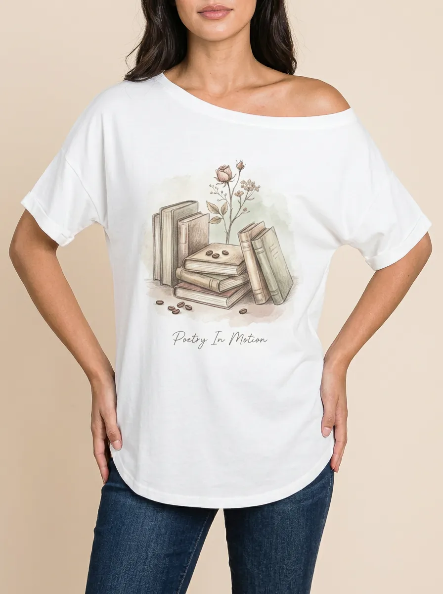 Women's Book Lover Poetry In Motion Rose Coffee Printed T-shirt