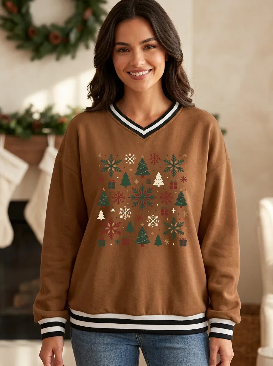 Christmas Holiday Snowflake Tree Gift Print Sweatshirt
