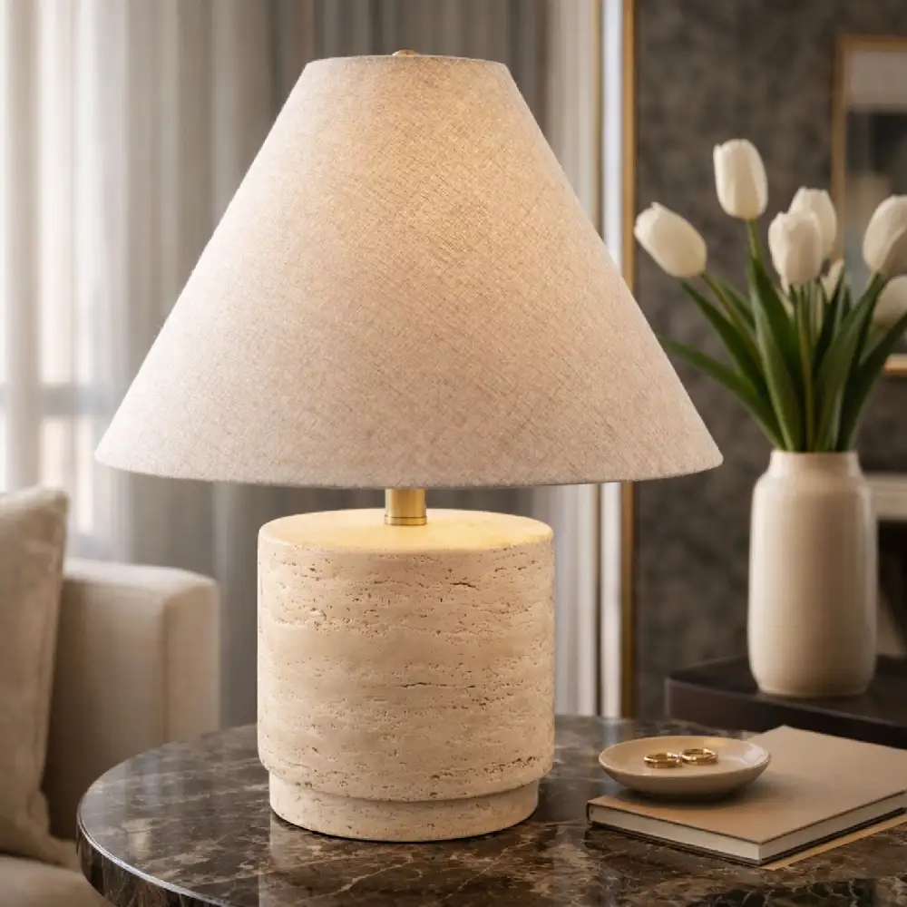 Travertine Metal Linen Table Lamp