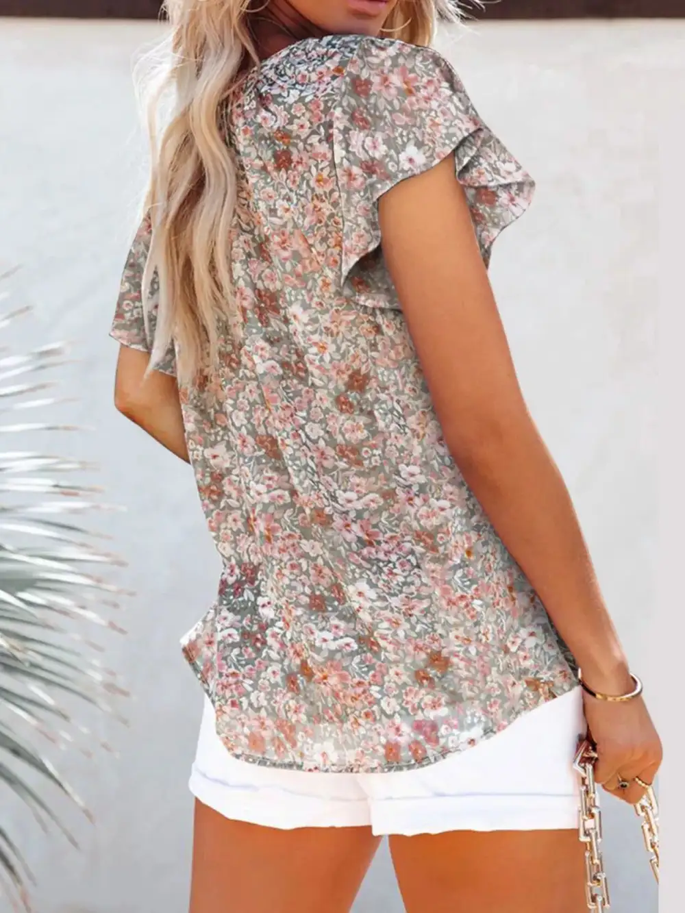 Floral Print Flutter Sleeve V Neck Blouse