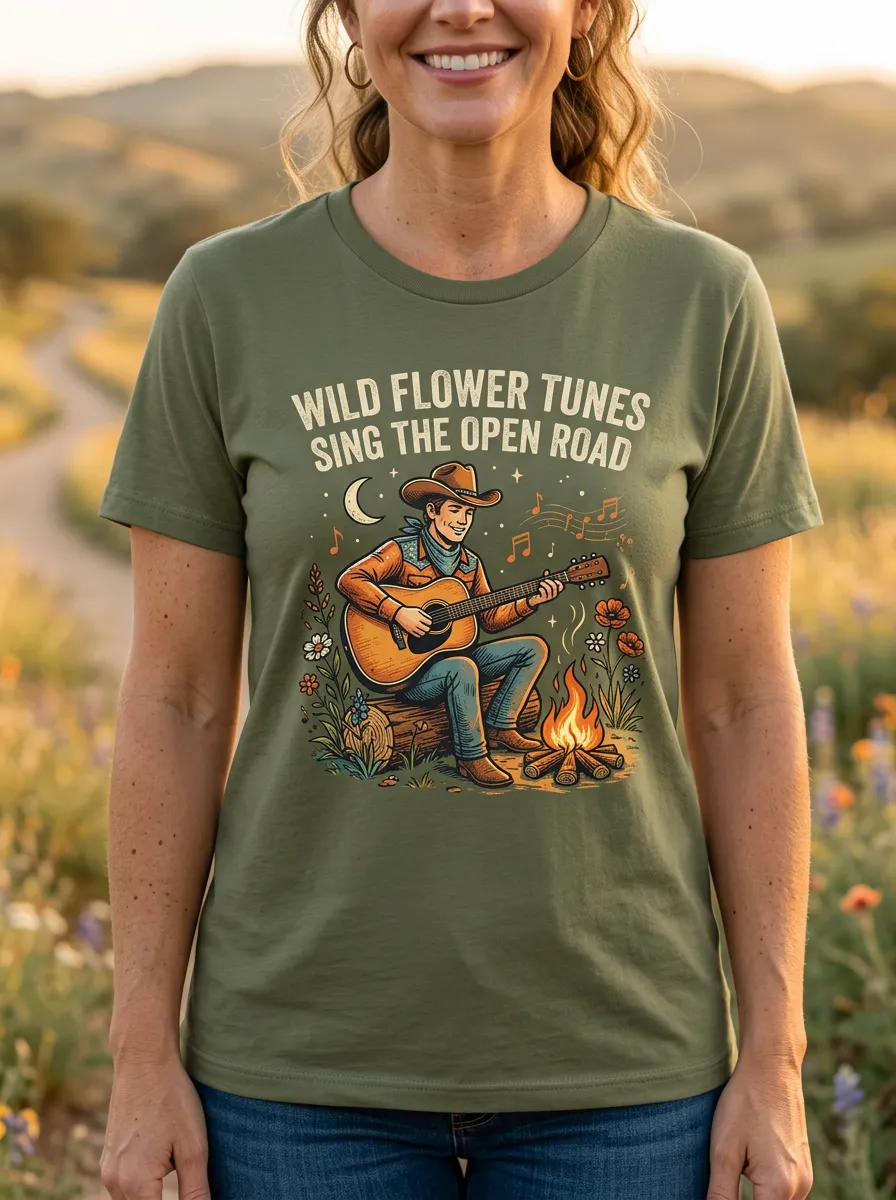 Rustic Country Music Cowboy Guitar Campfire Crew Neck T-Shirt