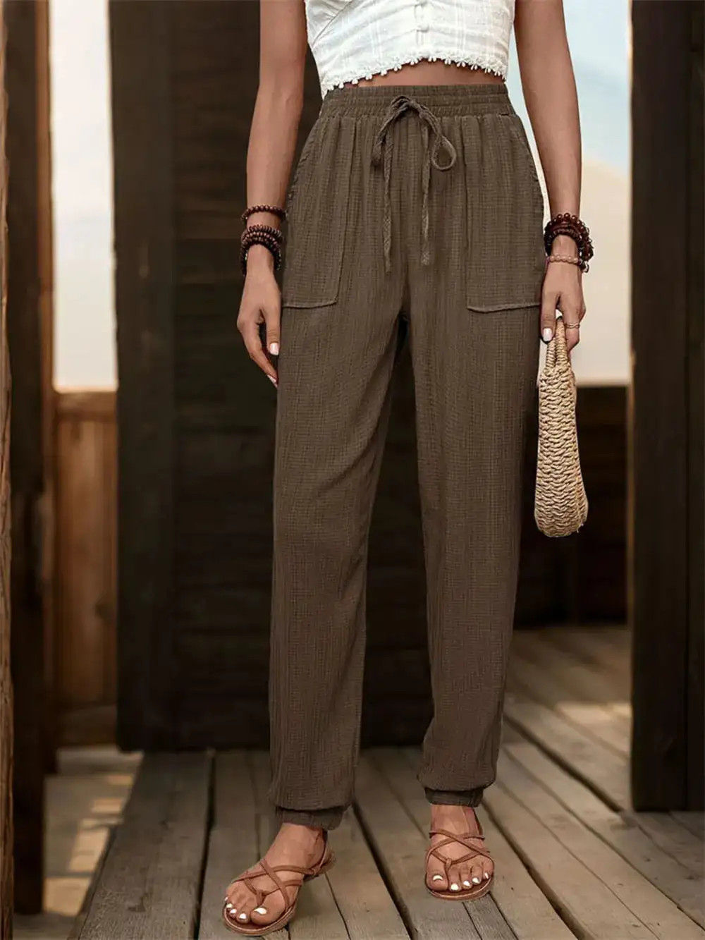 Jogger High Waist Textured Drawstring Pants