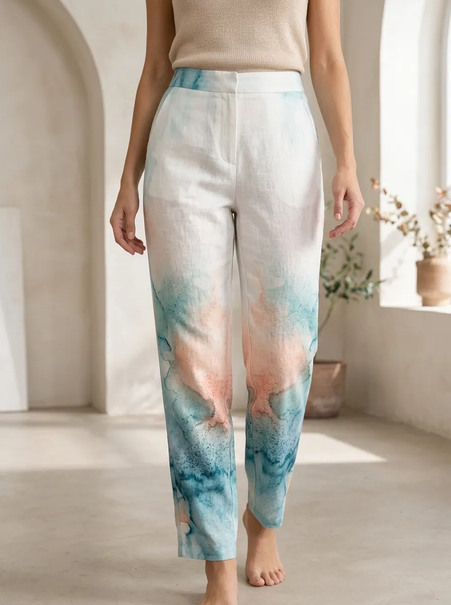 Women's Abstract Watercolor Blue Peach Printed Pants