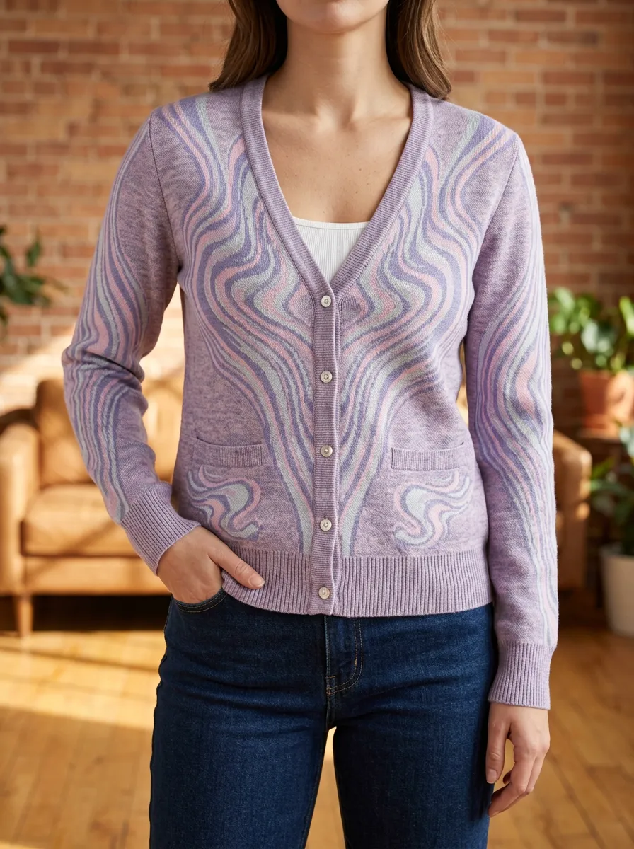 Women's Abstract Swirl Pattern Printed Button Front Patch Pocket Everyday Layering Cardigan
