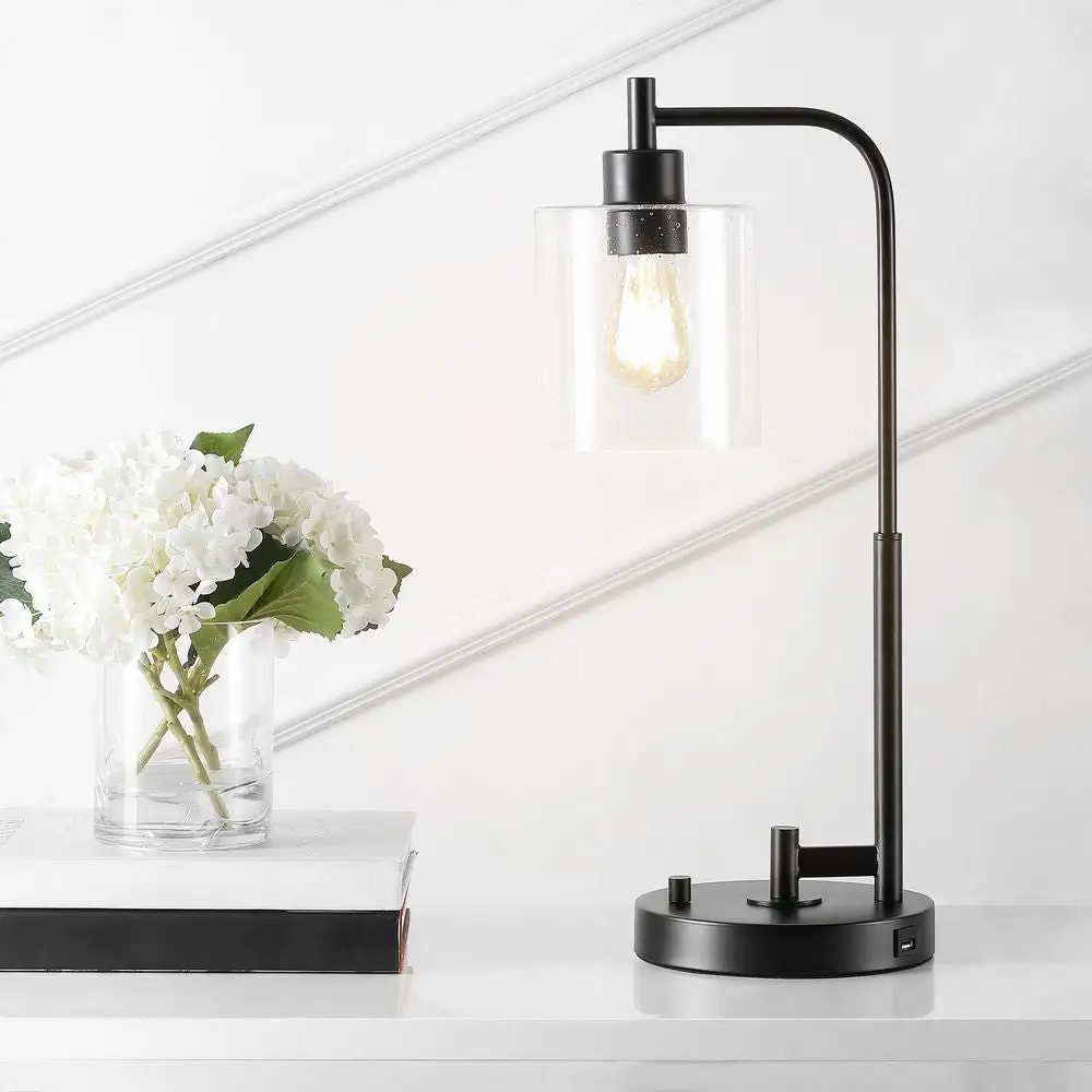 Modern Iron Seeded Glass Farmhouse Industrial USB Charging LED Task Lamp