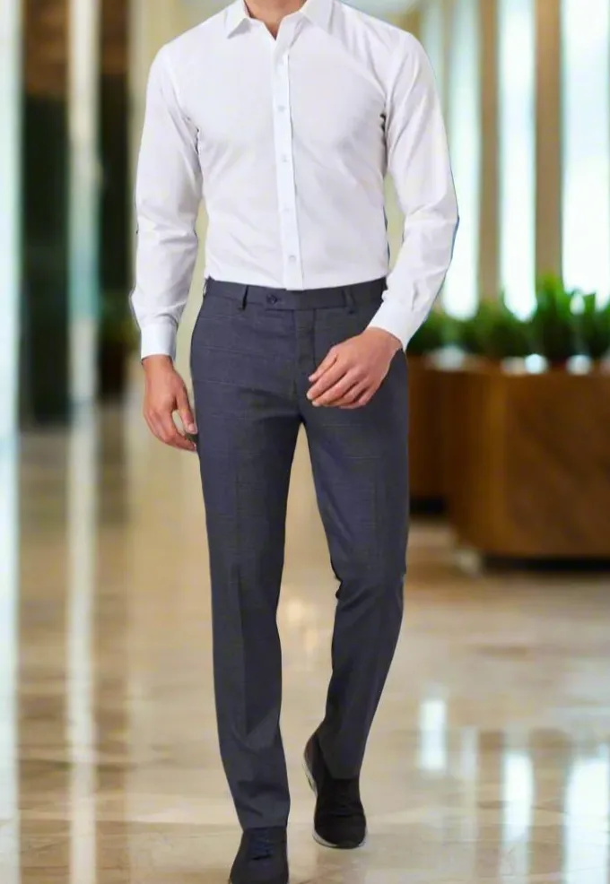 Men's Slim Fit Checked Flat Front Suit Trousers