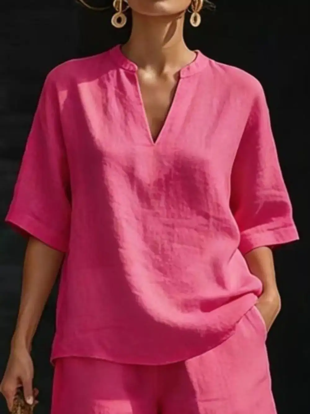 Notched Half Sleeve Top Shorts Set Plus