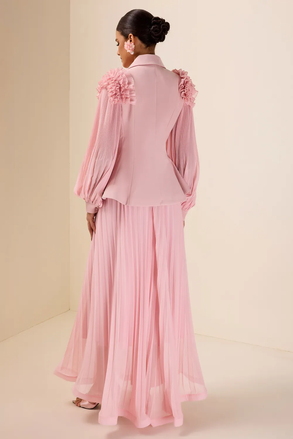 Frill Tailored Collar Pleated Top & Maxi Skirt Set