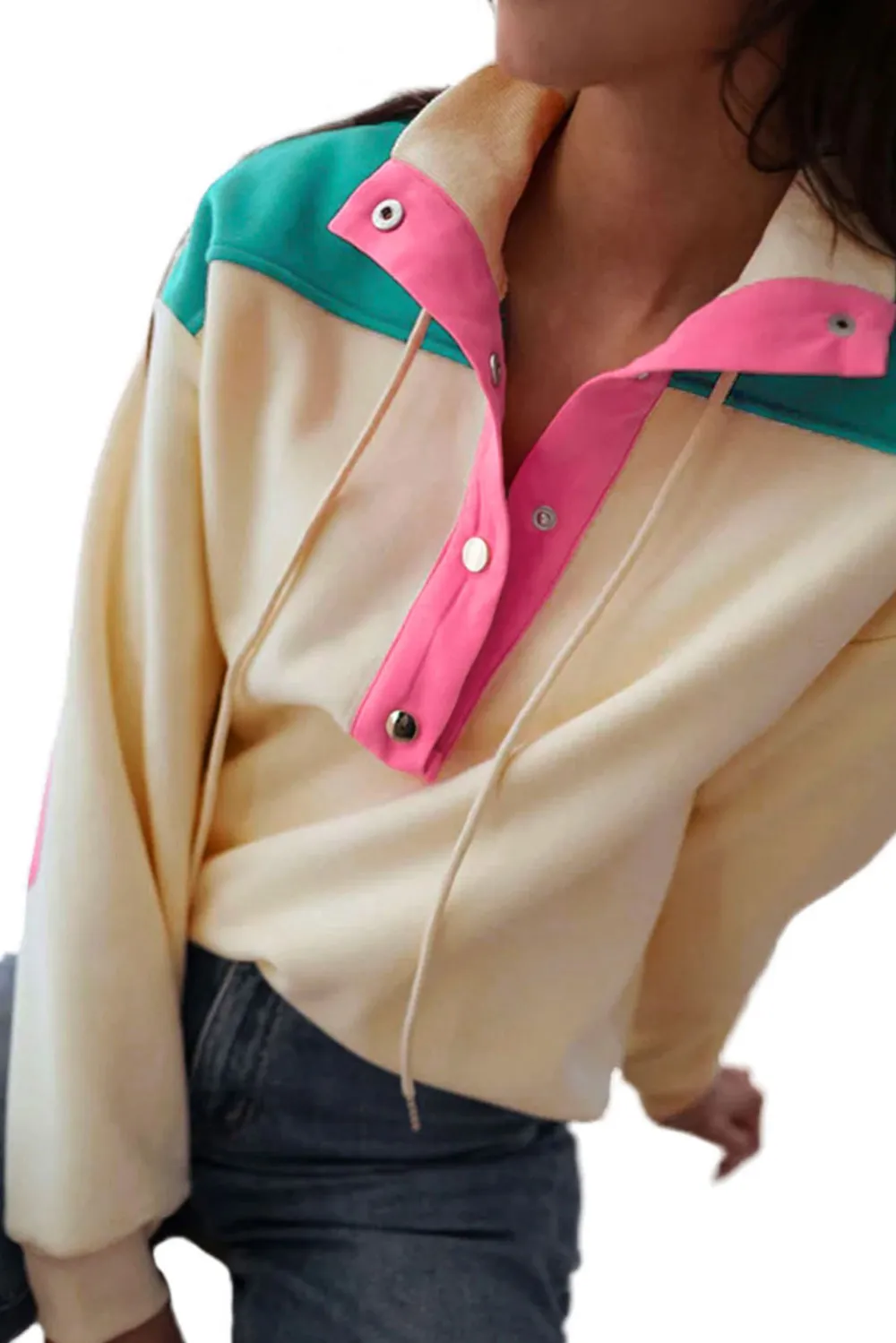 Color Block Elbow Patch Half Button Sweatshirt