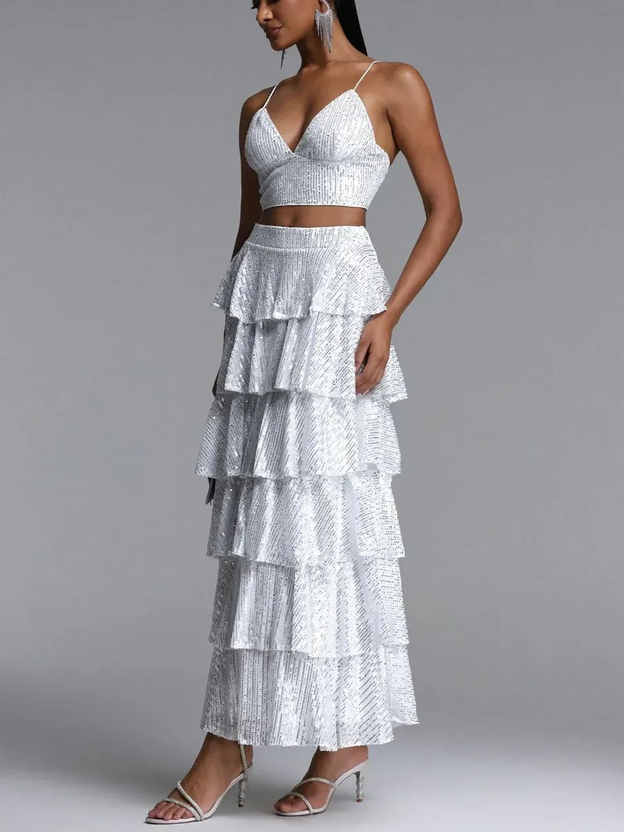 Seraphina   Sequin Cami & Tiered Ruffle Maxi Skirt Set