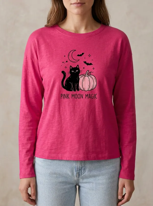 Cat Cat Moon Halloween Cotton Linen Long Sleeve Top