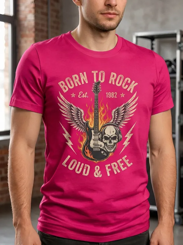 Men's Rock Music Lover Guitar Skull Flame Printed T-shirt