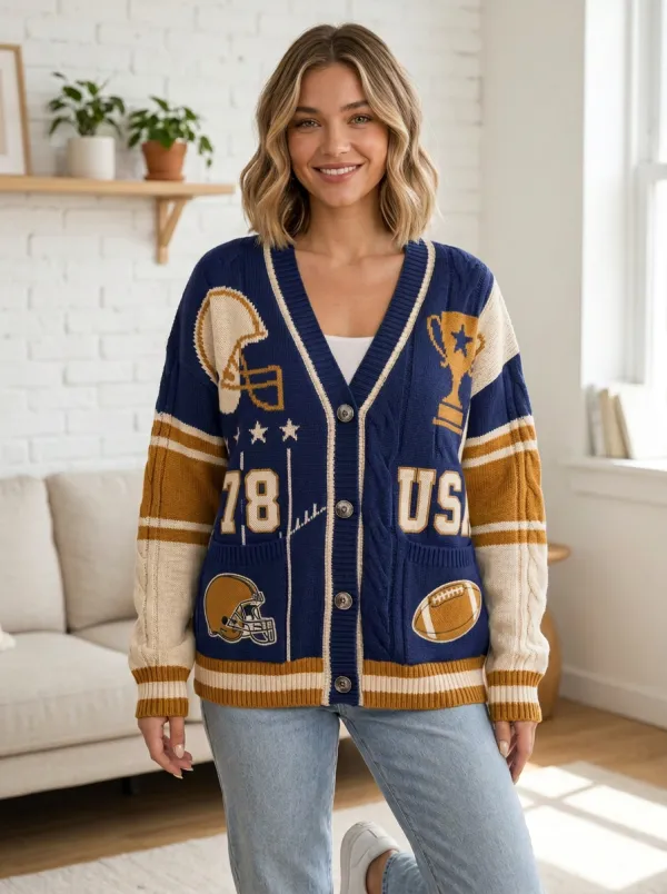 Women's Classic Heritage Inspired Helmet Football Trophy Knitted Cardigan