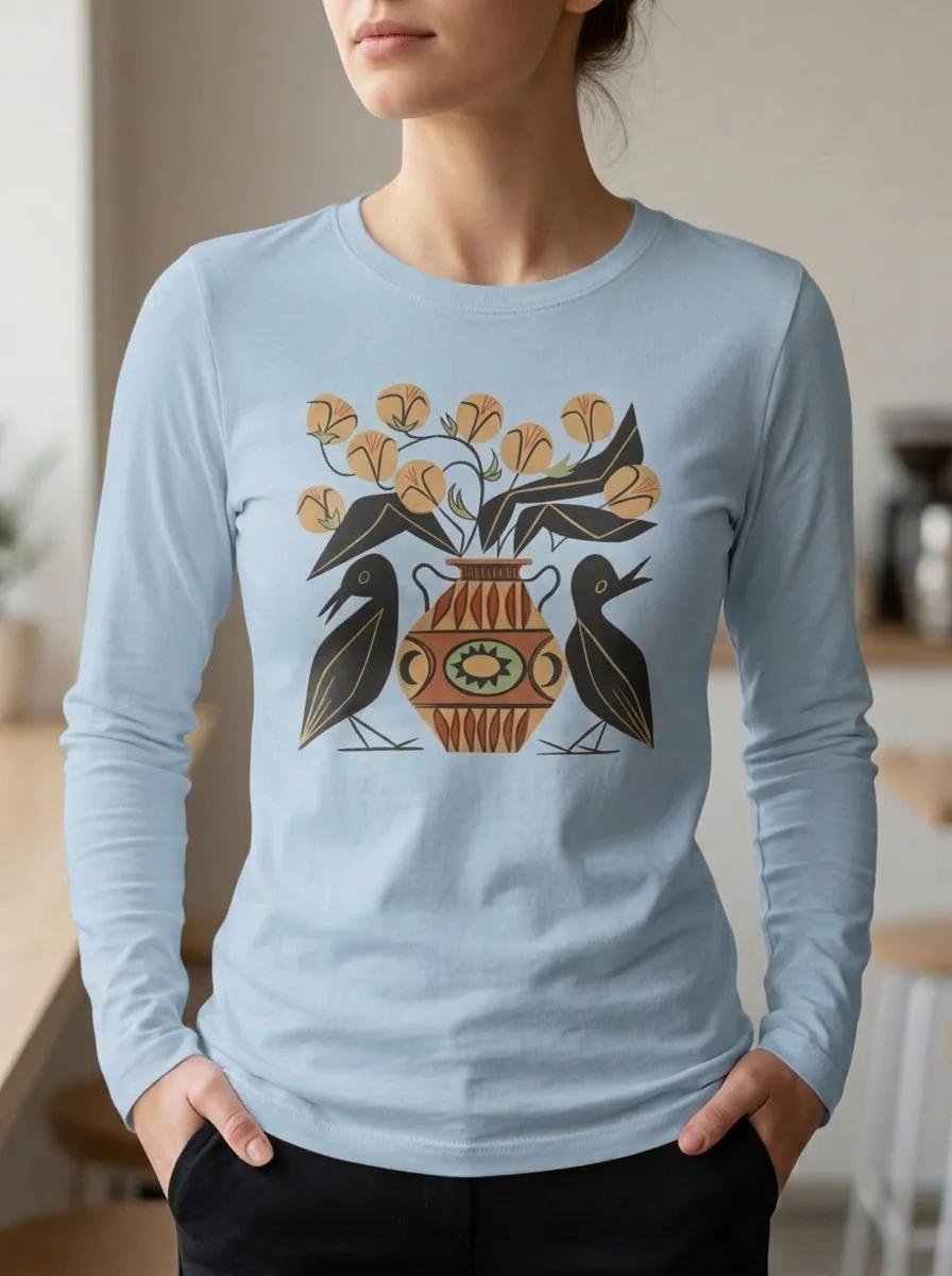 Women's Folk Art Bird and Vase Floral Printed Long Sleeve Top