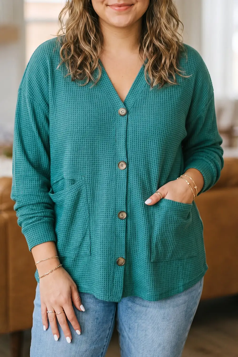 Button-Front V-Neck Long-Sleeve Waffle-Textured Cardigan