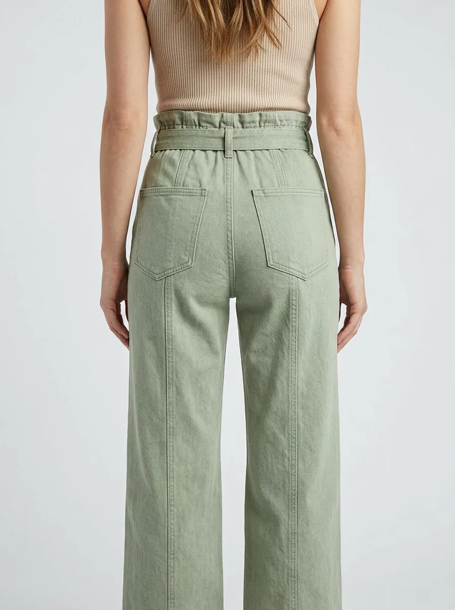 Women's Western Style Sage Green High-Waisted Button-Down Wide Leg Pants