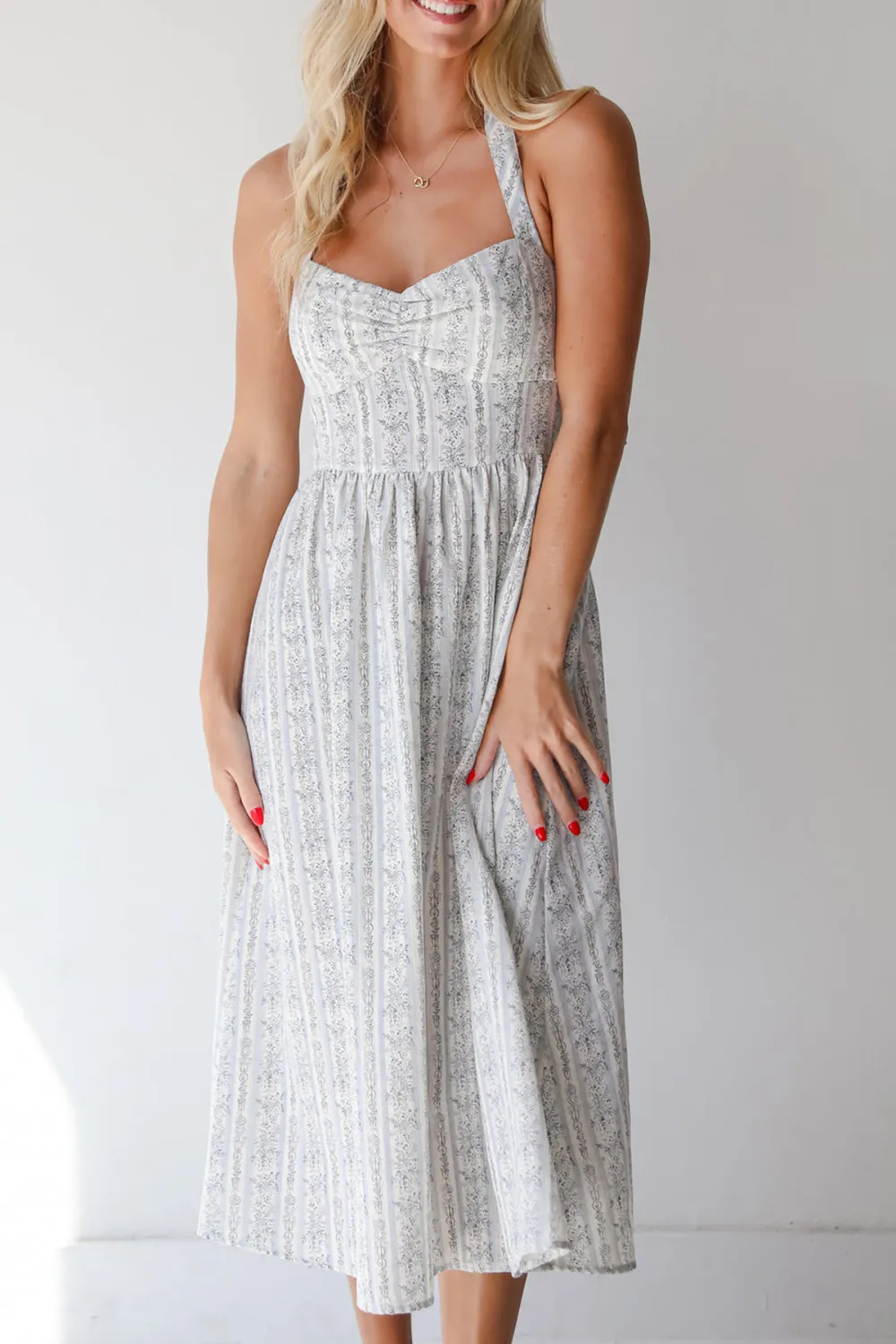 Blue Striped Floral Halter Midi Dress