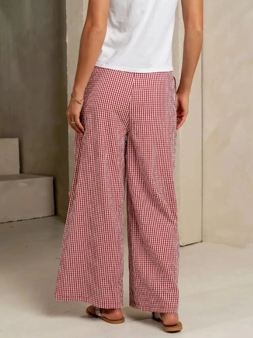 Wide Leg Gingham Drawstring Pocketed Pants