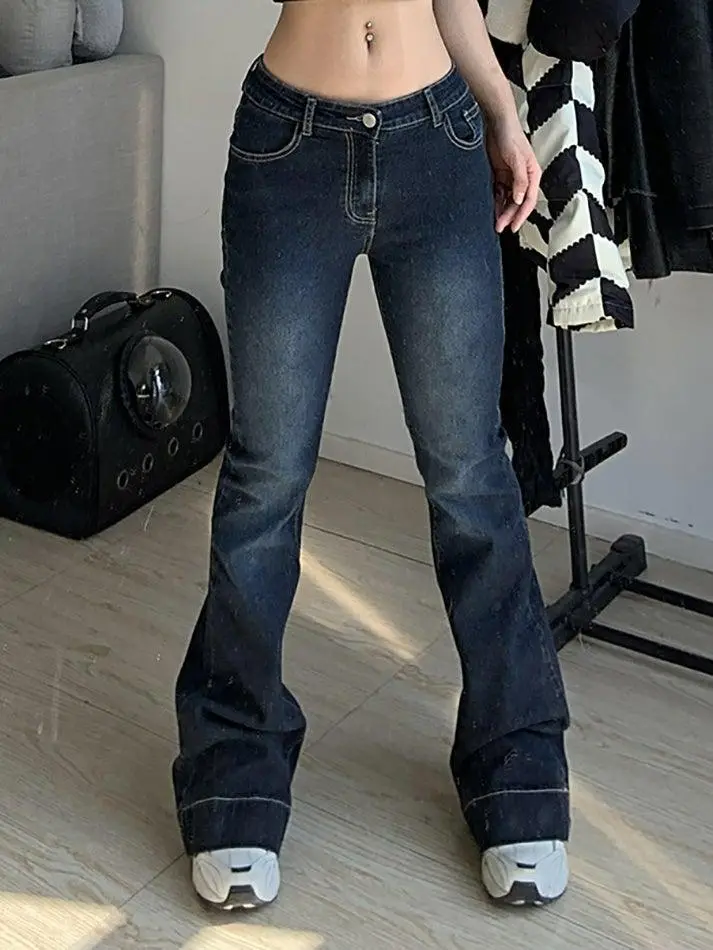 Five Pocket Washed Low Waist Flare Jeans
