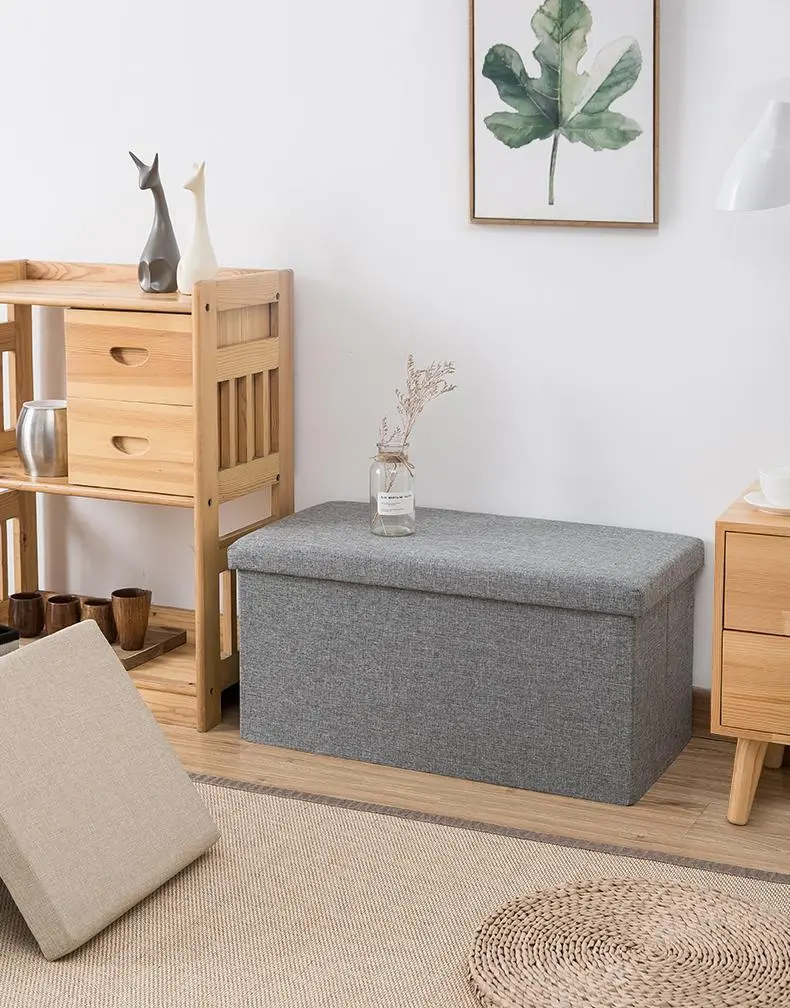 Lidded Rectangular Fabric Linen Ottoman Laundry Hamper