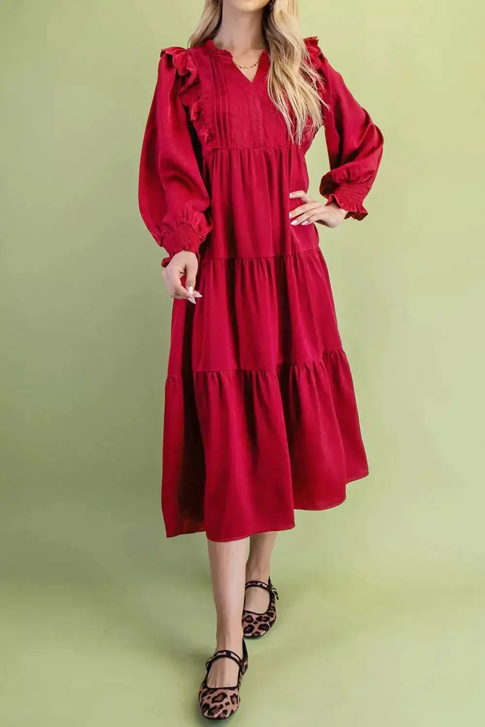 Solid Ruffle Trim Long Sleeve Tiered Shift Midi Dress