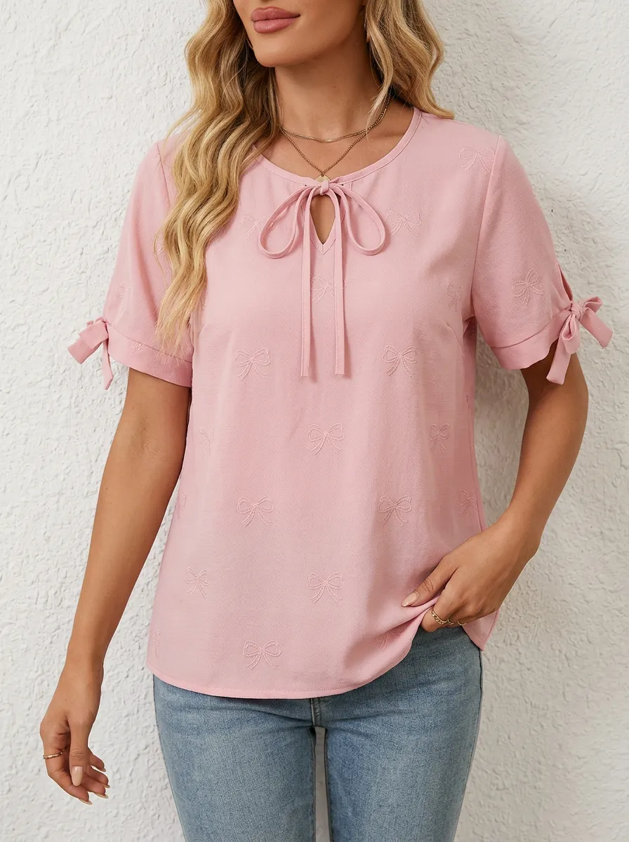 Women's Pink Bowknot Pattern Embroidered Tie-Neck Short Sleeve Top