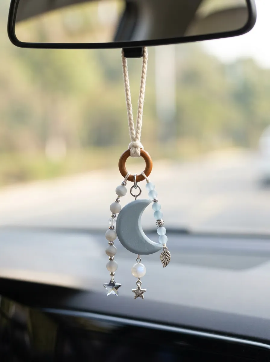 Refined Beaded Moon-Star Rearview Mirror Hanging Ornament