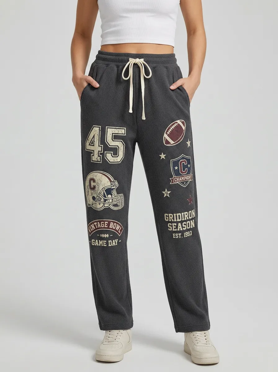 Women's Football Lover Vintage Helmet Number Printed Waffle Pants