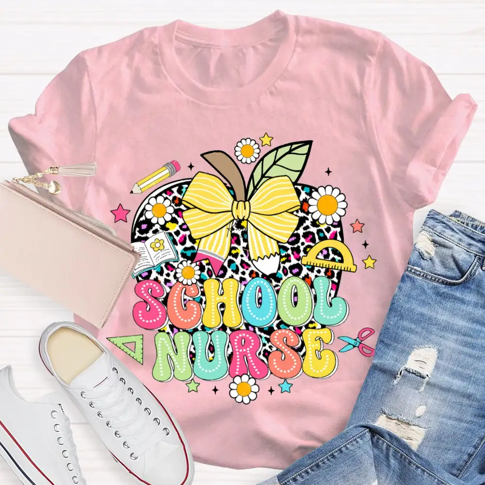 School Nurse Polka Dot Apple And Bow T-Shirt