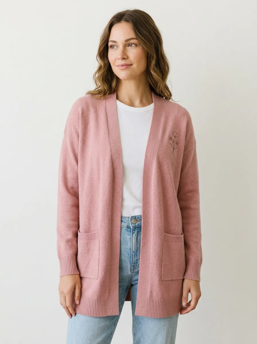 Pink Chic Floral Minimalist Line Art Print Cardigan