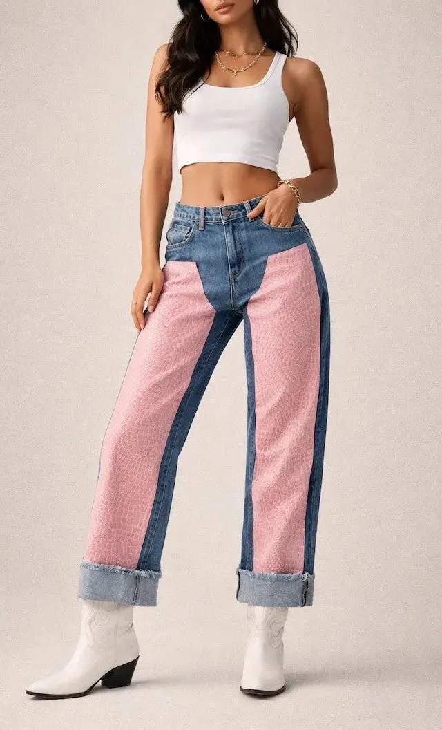 Low Rise Wide Leg Cuffed Crocodile Texture Western Style Denim Jeans