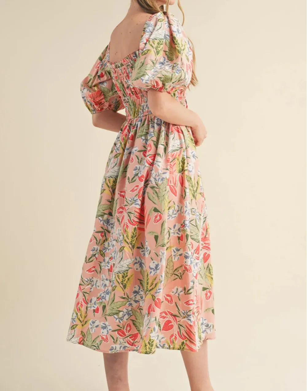 Floral Smocked Bust Bubble Short Sleeve Maxi Dress