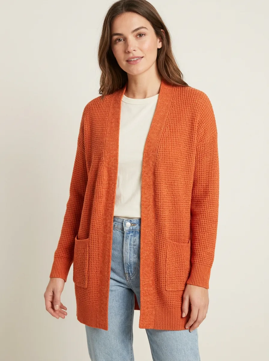 Structured Waffle-Knit Open-Front Knit Cardigan