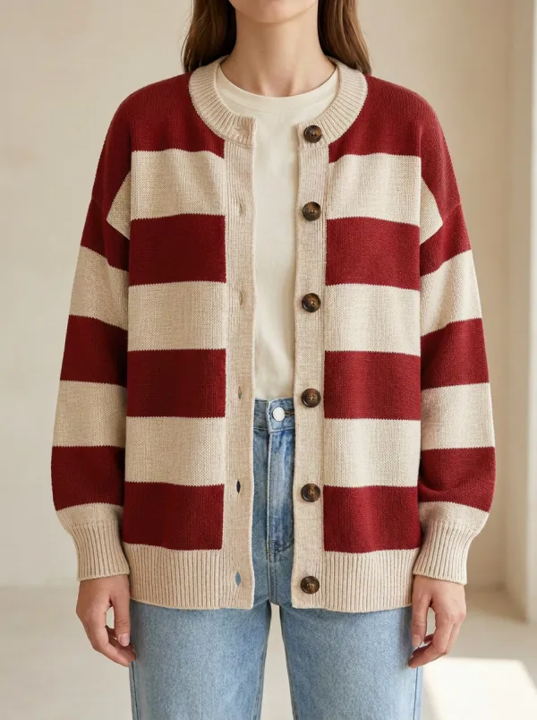 Relaxed Textured Rugby Striped Knit Cardigan