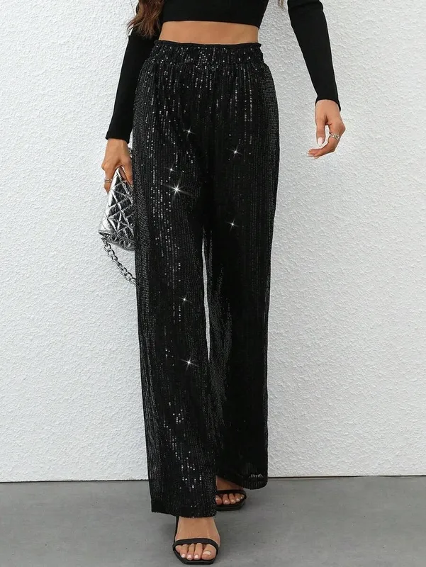 Black Wide Leg Straight Sequin Pants