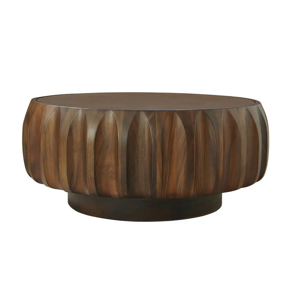 Round Coffee Table With Solid Wood Carved Frame