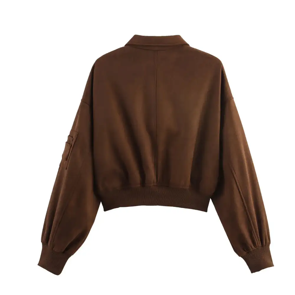 Cropped Velvet Touch Zip Front Ribbed Trim Bomber Jacket