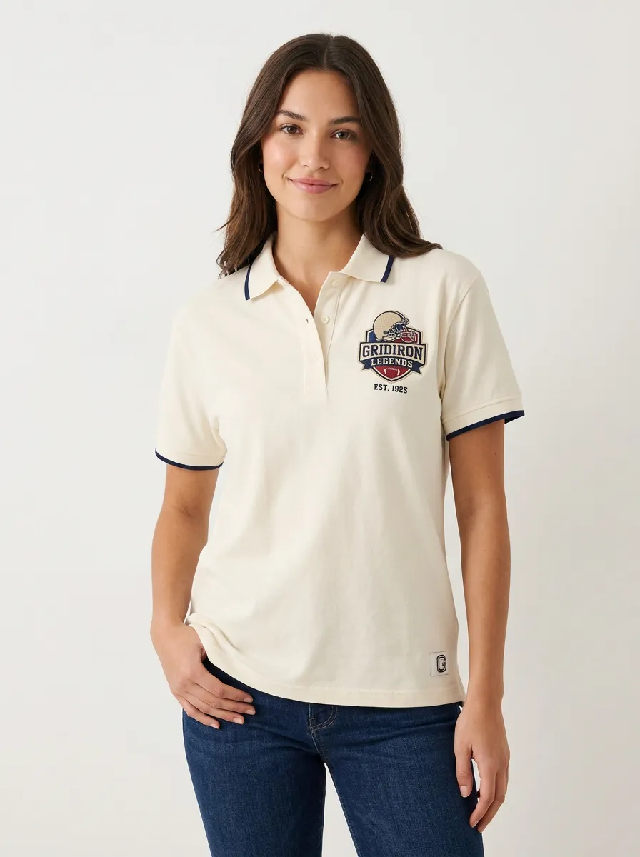 Women's Football Fan Gridiron Legends Helmet Graphic Contrast Sleeve Polo Shirt