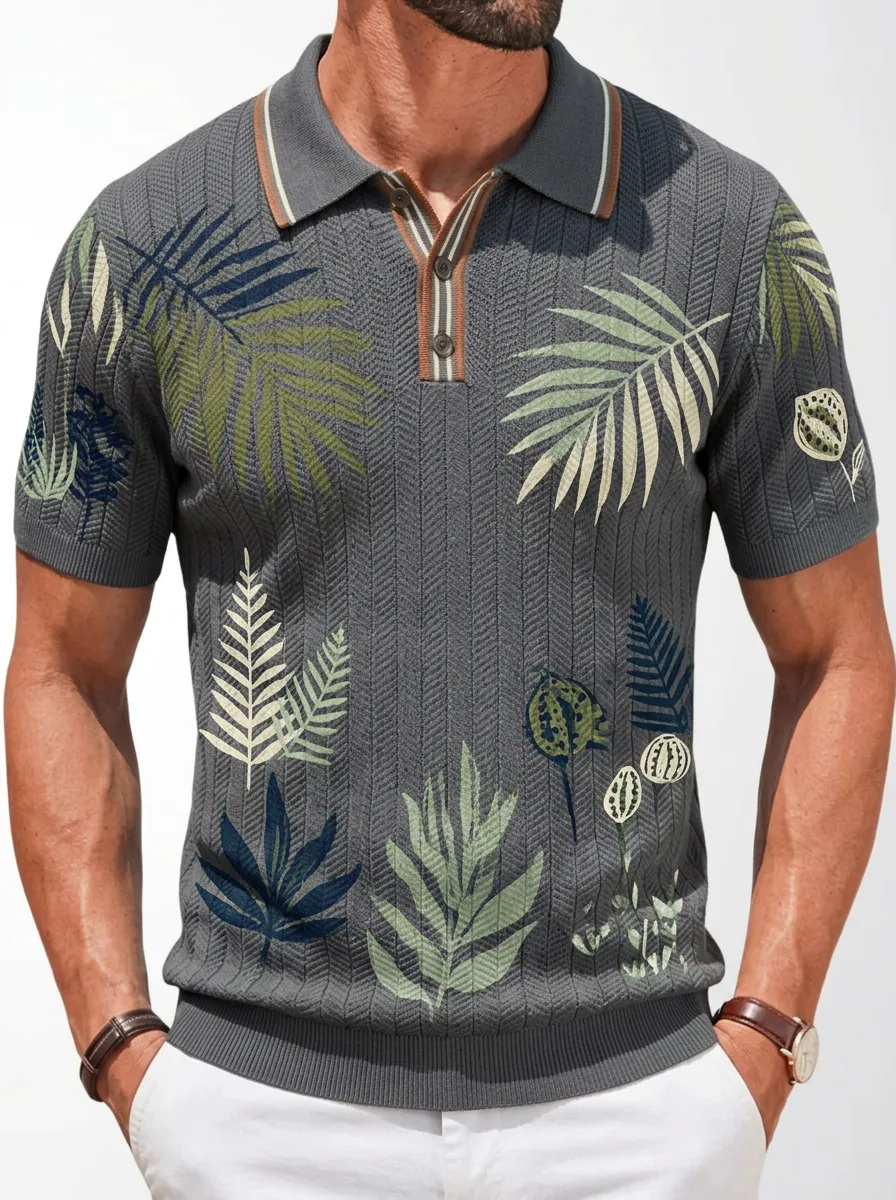 Men's Tropical Botanical Leaf Printed Polo Shirt
