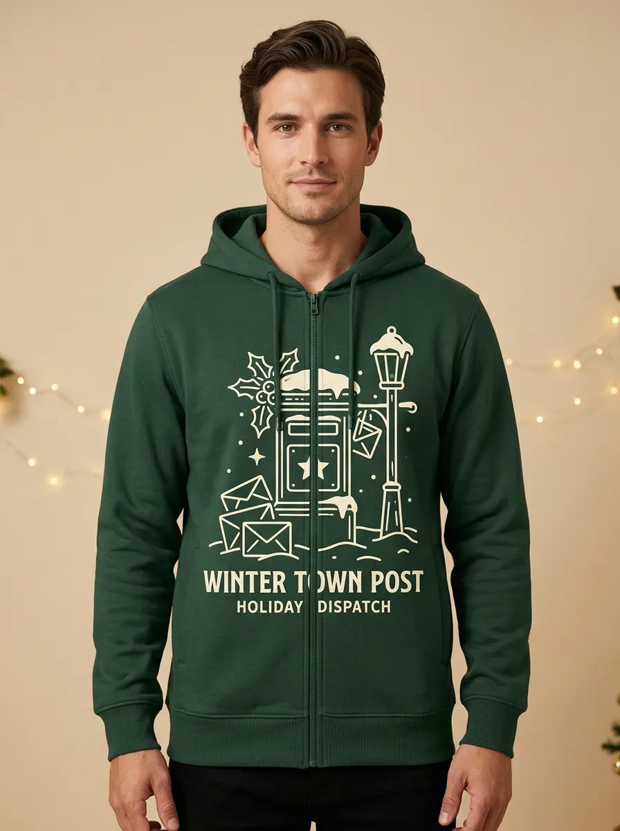 Unisex Winter Town Post Mailbox Printed Zip Up Hoodie